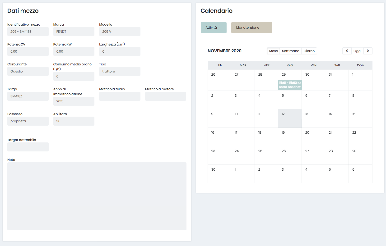Vehicle data & activity calendar